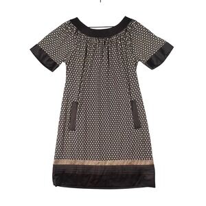 BCBG Paris Womens Brown Geometric Mosaic Shift Dress Satin Trim Pockets Size 4